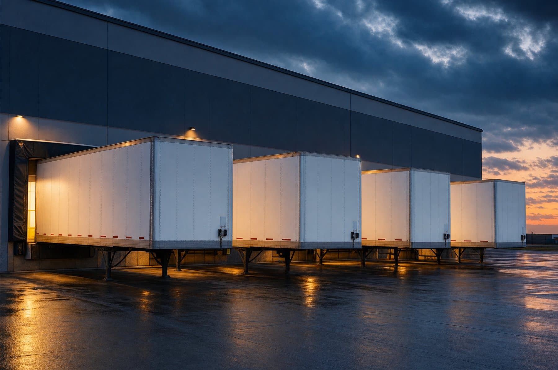 Unmarked trailers backed up to loading dock doors at dusk