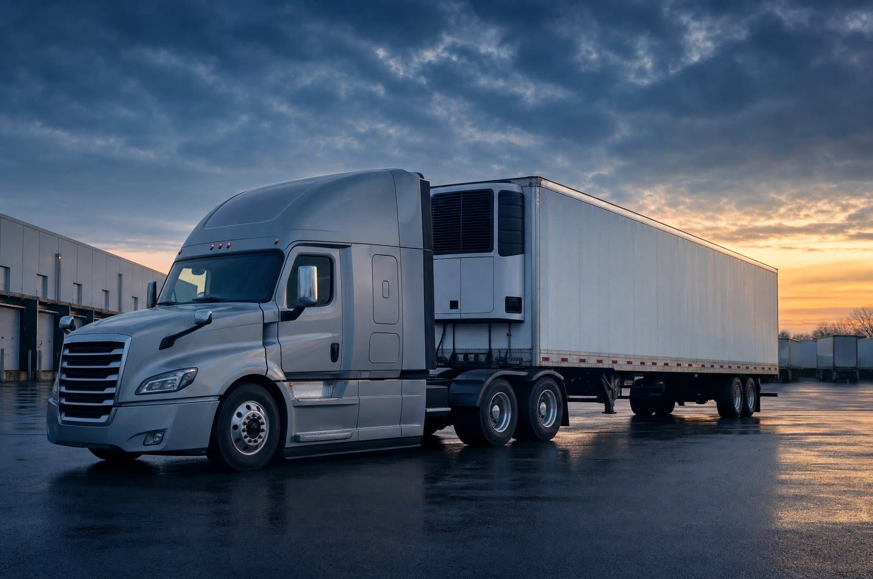 Refrigerated trailer with its cooling unit, parked in a distribution yard at dawn